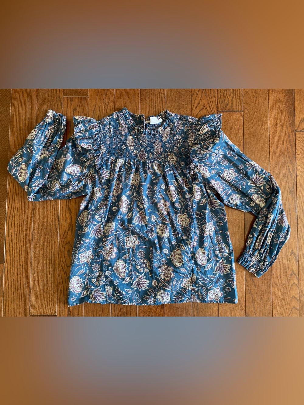 GAP Teal Floral Long-Sleeve Smocked Blouse